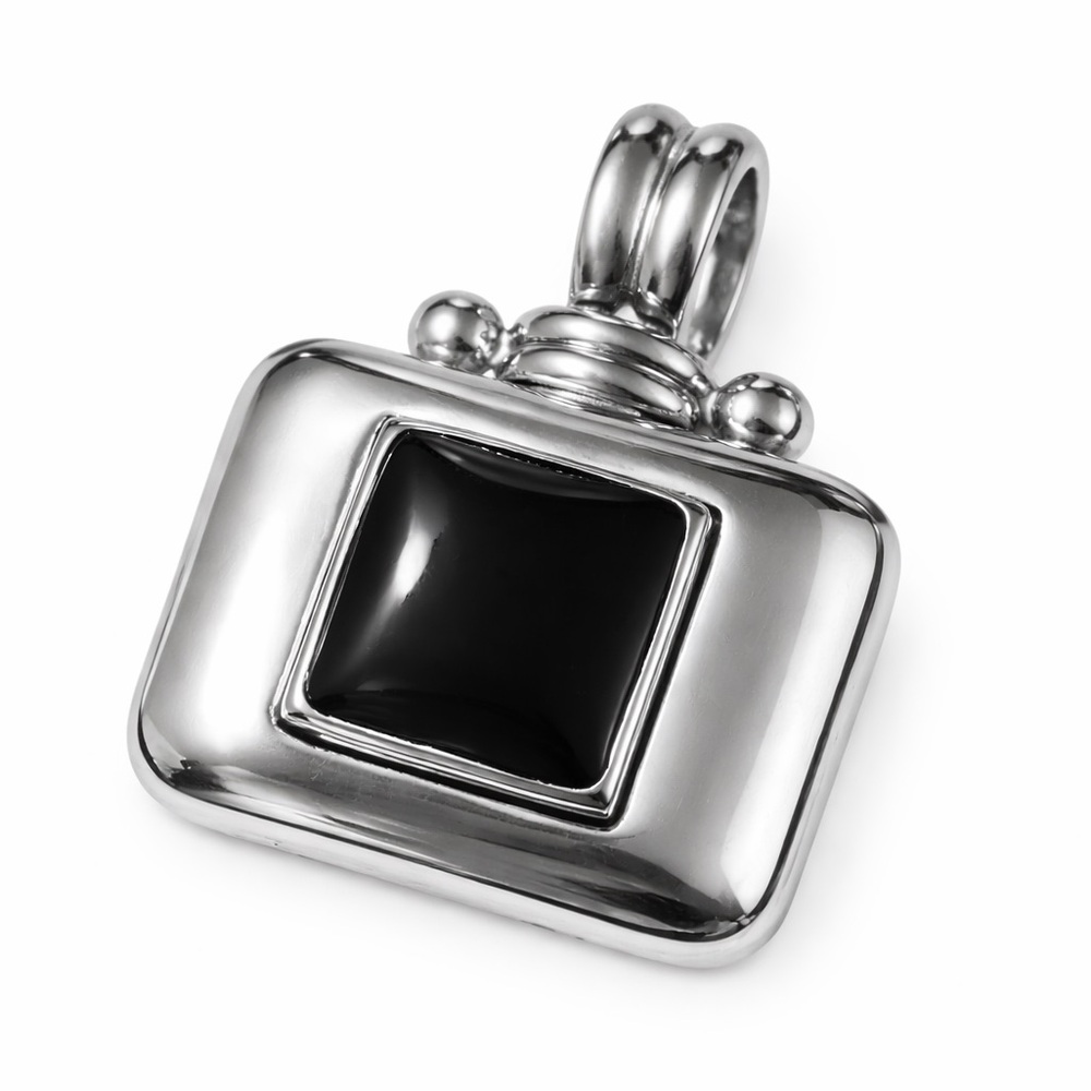 Vintage Silver Tone Rectangular Pendant Black Cabochon Statement – Pendant Only